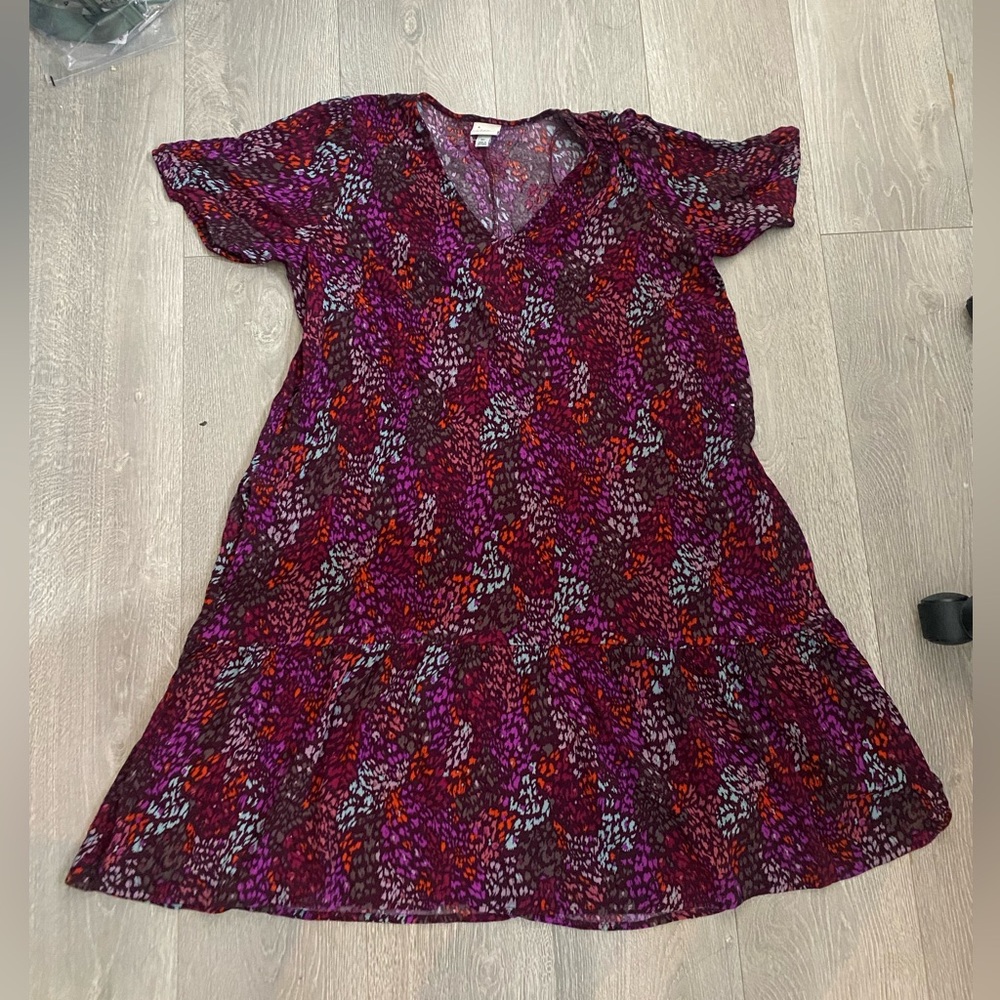 A New Day Dress Burgundy Print Short Sleeve Ruffle Hem Womens Size XL
